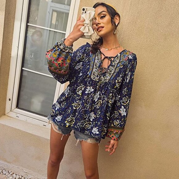 Navy Blue Boho Floral Printed Tie V-Neck Loose Flowy Long Sleeve Top Blouse - Picture 2 of 6